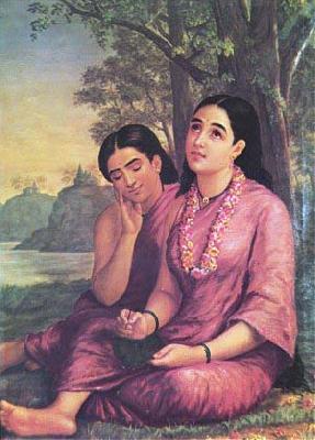 Raja Ravi Varma Shakuntala writes to Dushyanta. Sweden oil painting art